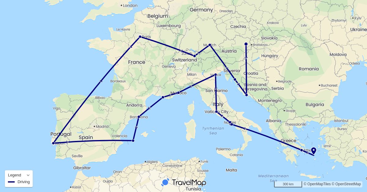 TravelMap itinerary: driving in Austria, Germany, Spain, France, Greece, Croatia, Italy, Liechtenstein, Monaco, Portugal, Vatican City (Europe)